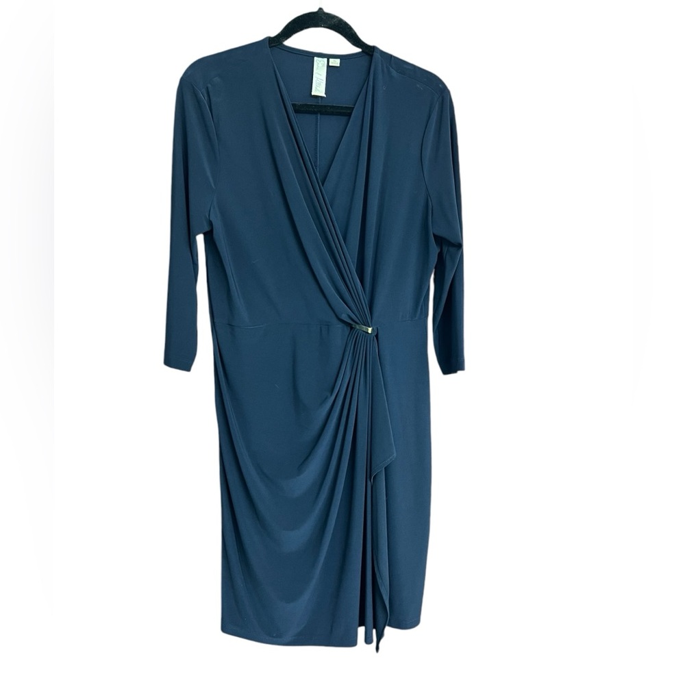 Emma & Michele V-Neck Gathered Front Solid Jersey‎ Navy Dress Size XL